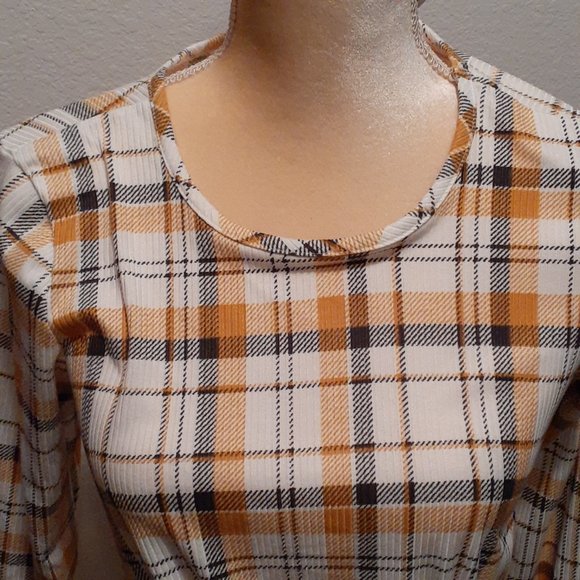 B Famous #USA Gold Black Cream Gingham Squares Asymetrical Shirt - Size Medium - Picture 3 of 7